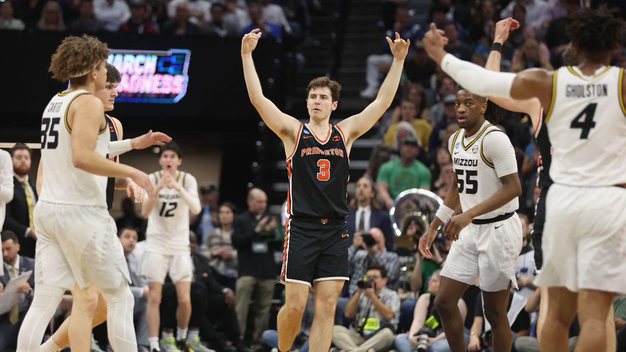 SACRAMENTO, CA - MARCH 18: Ryan Langborg #3 of the Princeton Tigers reacts after a play in the second half of the game against the Missouri Tigers during the second round of the 2023 NCAA Men's Basketball Tournament held at Golden 1 Center on March 18, 2023 in Sacramento, California.