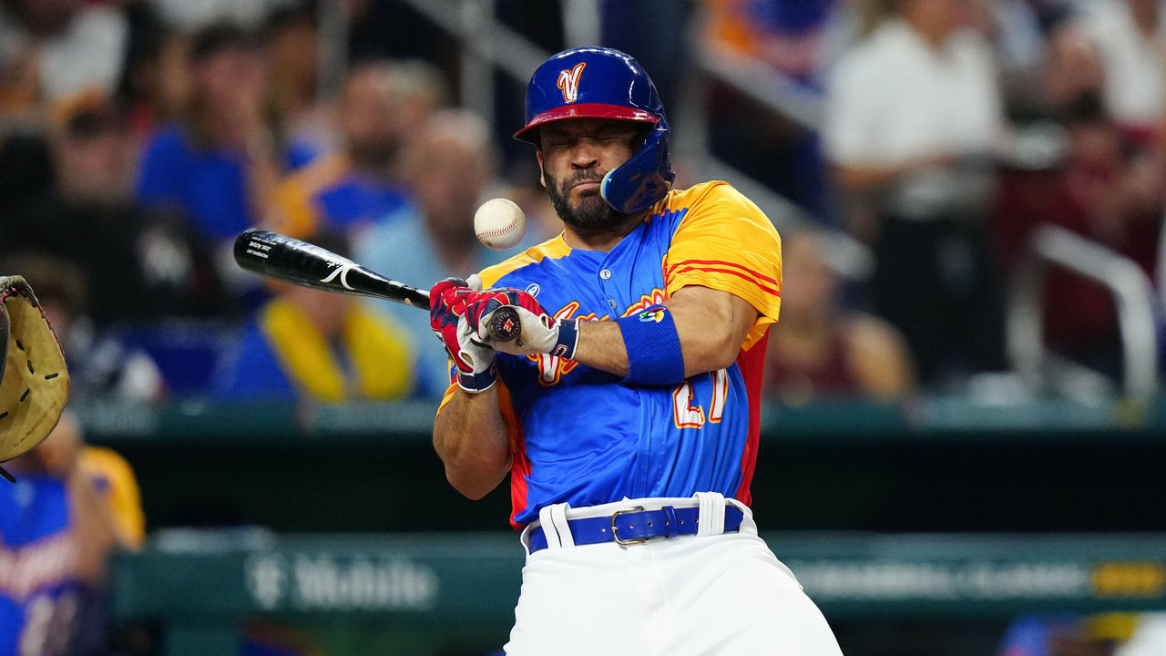 MIAMI, FL - MARCH 18: Jose Altuve #27 of Team Venezuela is hit by a pitch from Daniel Bard #52 of Team USA in the fifth inning during the 2023 World Baseball Classic Quarterfinal game between Team USA and Team Venezuela at loanDepot Park on Saturday, March 18, 2023 in Miami, Florida.