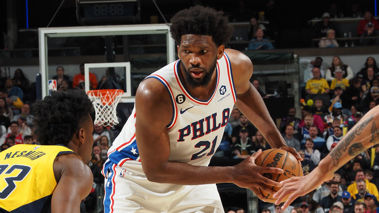 INDIANAPOLIS, IN - MARCH 18: Joel Embiid #21 of the Philadelphia 76ers handles the ball during the game against the Indiana Pacers on March 18, 2023 at Gainbridge Fieldhouse in Indianapolis, Indiana. Mandatory Copyright Notice: Copyright 2023 NBAE