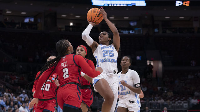 COLUMBUS, OH - MARCH 18: Deja Kelly #25 of the North Carolina Tar Heels shoots the ball during the game between the St. John's Red Storm and the North Carolina Tar Heels in First Round of the NCAA Women's Basketball Championship Seattle Regional 3 on March 18, 2023 at Value City Arena in Columbus, Ohio.