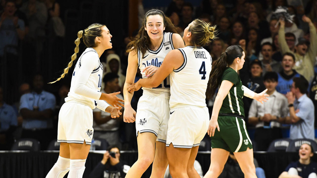 VILLANOVA, PA - MARCH 18: Maddy Siegrist #20 of the Villanova Wildcats celebrates her shot with teammates during the first round of the 2023 NCAA Women's Basketball Tournament held at Finneran Pavilion on March 18, 2023 in Villanova, Pennsylvania.