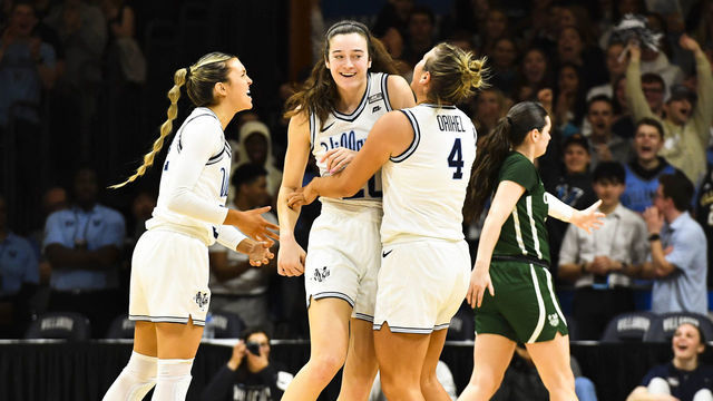 VILLANOVA, PA - MARCH 18: Maddy Siegrist #20 of the Villanova Wildcats celebrates her shot with teammates during the first round of the 2023 NCAA Women's Basketball Tournament held at Finneran Pavilion on March 18, 2023 in Villanova, Pennsylvania.