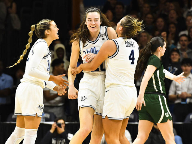 VILLANOVA, PA - MARCH 18: Maddy Siegrist #20 of the Villanova Wildcats celebrates her shot with teammates during the first round of the 2023 NCAA Women's Basketball Tournament held at Finneran Pavilion on March 18, 2023 in Villanova, Pennsylvania.