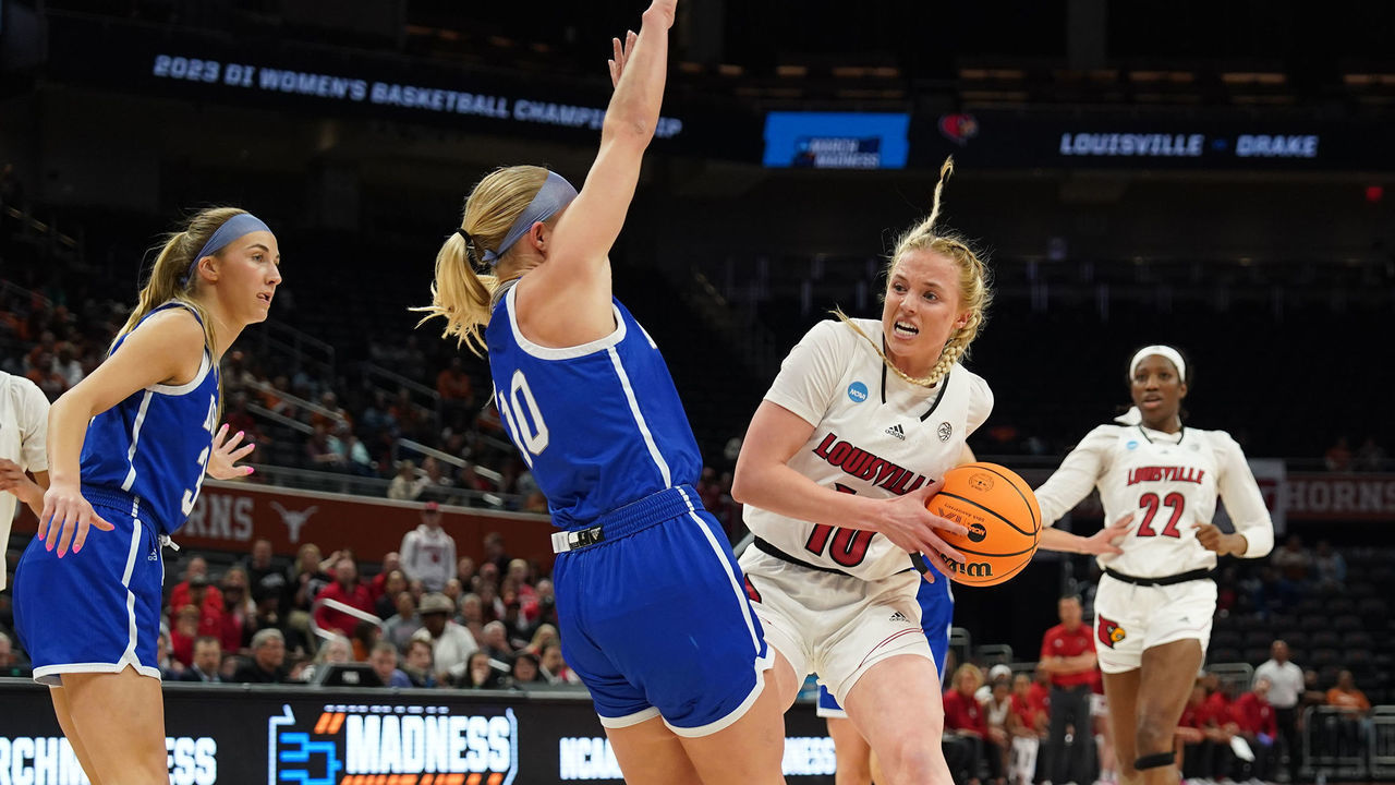 AUSTIN, TX - MARCH 18: Louisville #10 Hailey Van Lith tries to keep the ball away from Drake #10 Katie Dinnebier during the first round of the 2023 NCAA Women's Basketball Tournament held at the Moody Center on March 18, 2023 in Austin, Texas.