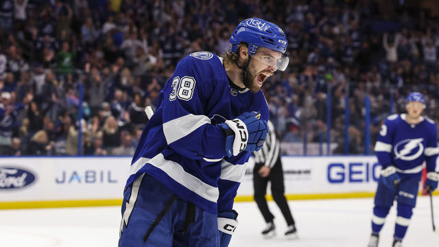TAMPA, FL - MARCH 18: Brandon Hagel #38 of the Tampa Bay Lightning celebrates a goal against the Montreal Canadiens during the third period at Amalie Arena on March 18, 2023 in Tampa, Florida.