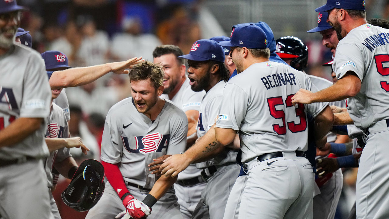 MIAMI, FL - MARCH 18: Trea Turner #8 of Team USA celebrates with teammates after hitting a grand slam to take the lead in the eighth inning during the 2023 World Baseball Classic Quarterfinal game between Team USA and Team Venezuela at loanDepot Park on Saturday, March 18, 2023 in Miami, Florida.