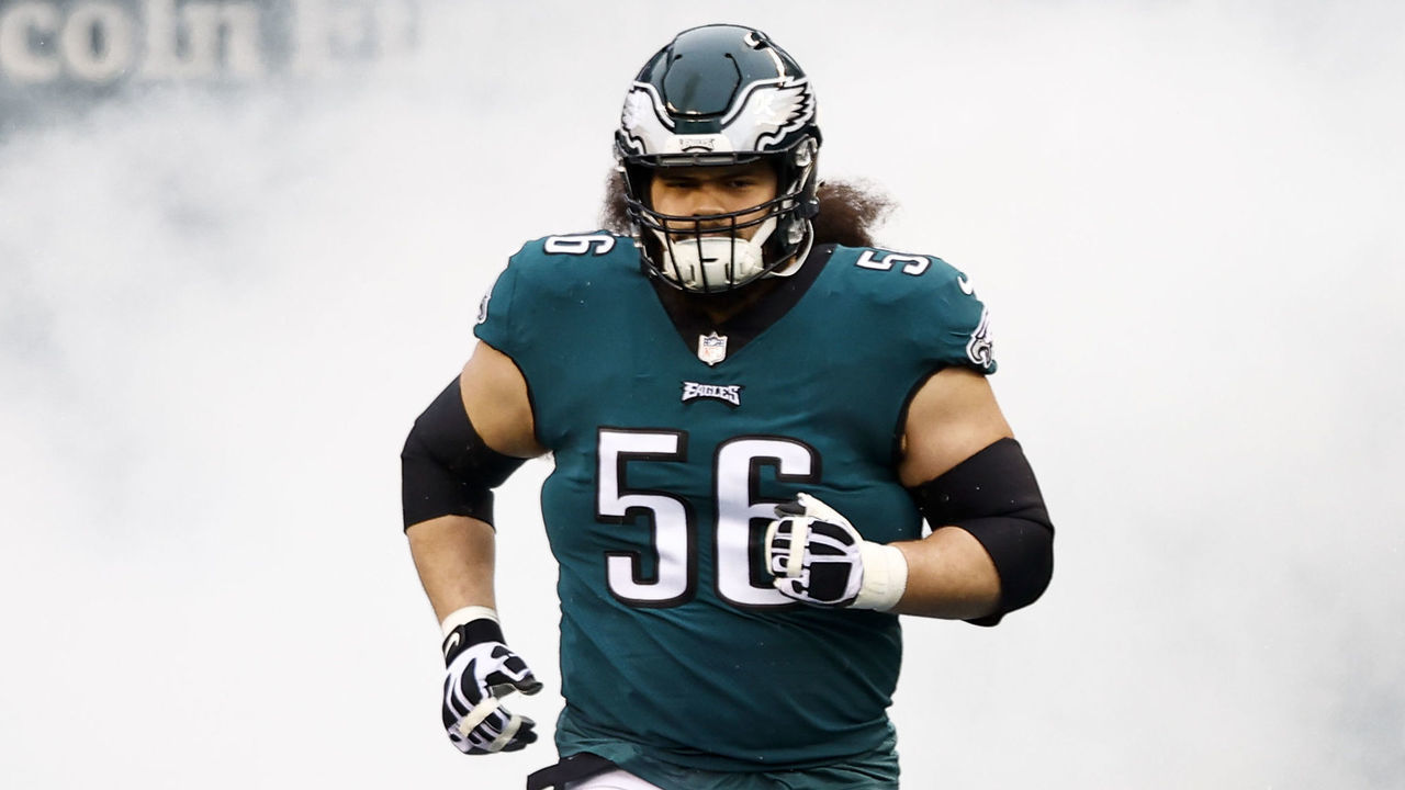 PHILADELPHIA, PA - JANUARY 29: Isaac Seumalo #56 of the Philadelphia Eagles runs onto the field prior to the NFC Championship NFL football game against the San Francisco 49ers at Lincoln Financial Field on January 29, 2023 in Philadelphia, Pennsylvania.