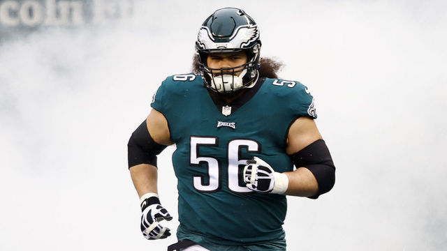 PHILADELPHIA, PA - JANUARY 29: Isaac Seumalo #56 of the Philadelphia Eagles runs onto the field prior to the NFC Championship NFL football game against the San Francisco 49ers at Lincoln Financial Field on January 29, 2023 in Philadelphia, Pennsylvania.
