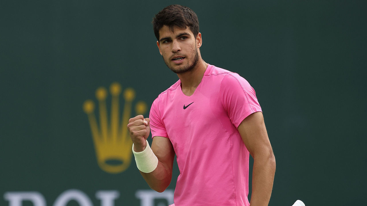 INDIAN WELLS, CALIFORNIA - MARCH 18: Carlos Alcaraz of Spain celebrates in his match against Jannik Sinner of Italy in the semi final during the BNP Paribas Open on March 18, 2023 in Indian Wells, California.