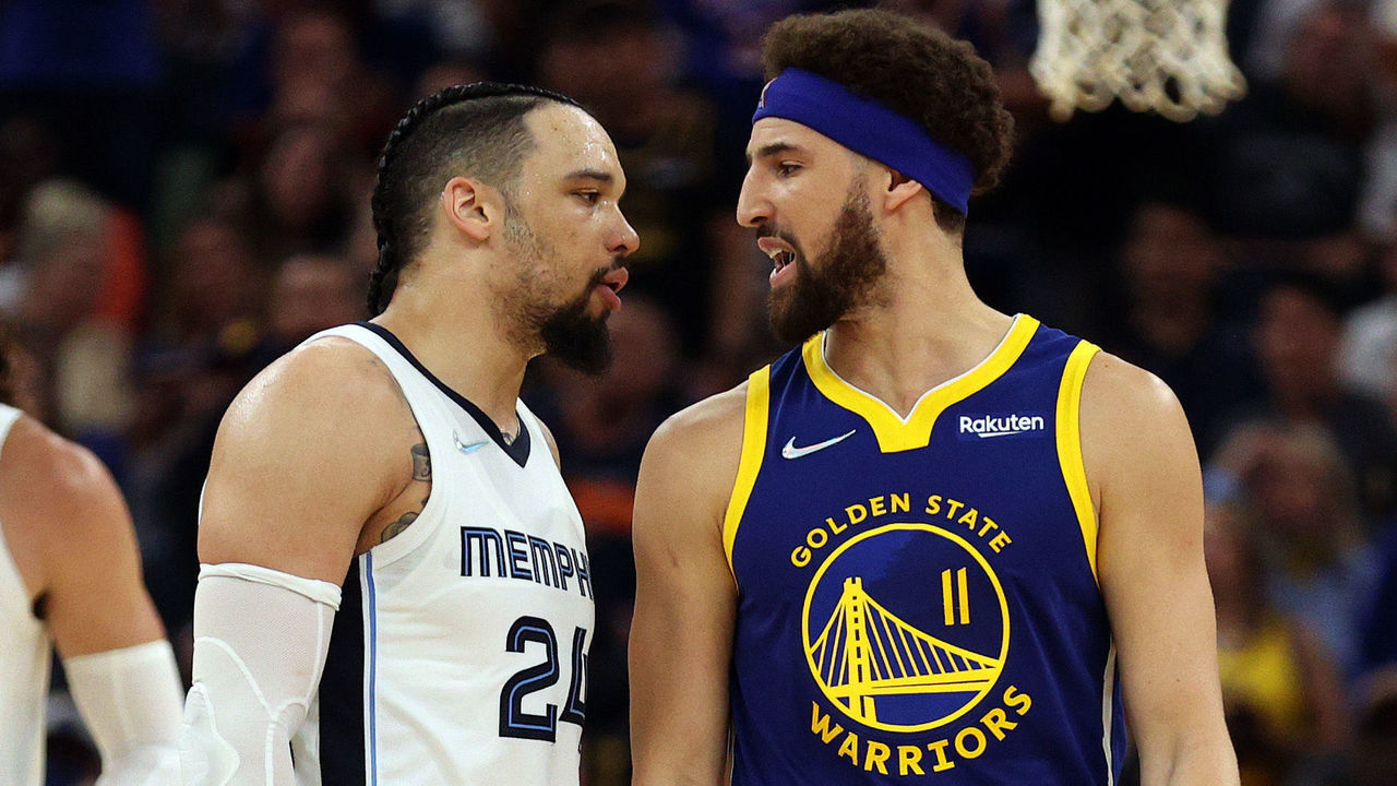 SAN FRANCISCO, CALIFORNIA - MAY 13: Dillon Brooks #24 of the Memphis Grizzlies and Klay Thompson #11 of the Golden State Warriors exchange words during the second quarter in Game Six of the 2022 NBA Playoffs Western Conference Semifinals at Chase Center on May 13, 2022 in San Francisco, California. NOTE TO USER: User expressly acknowledges and agrees that, by downloading and/or using this photograph, User is consenting to the terms and conditions of the Getty Images License Agreement.
