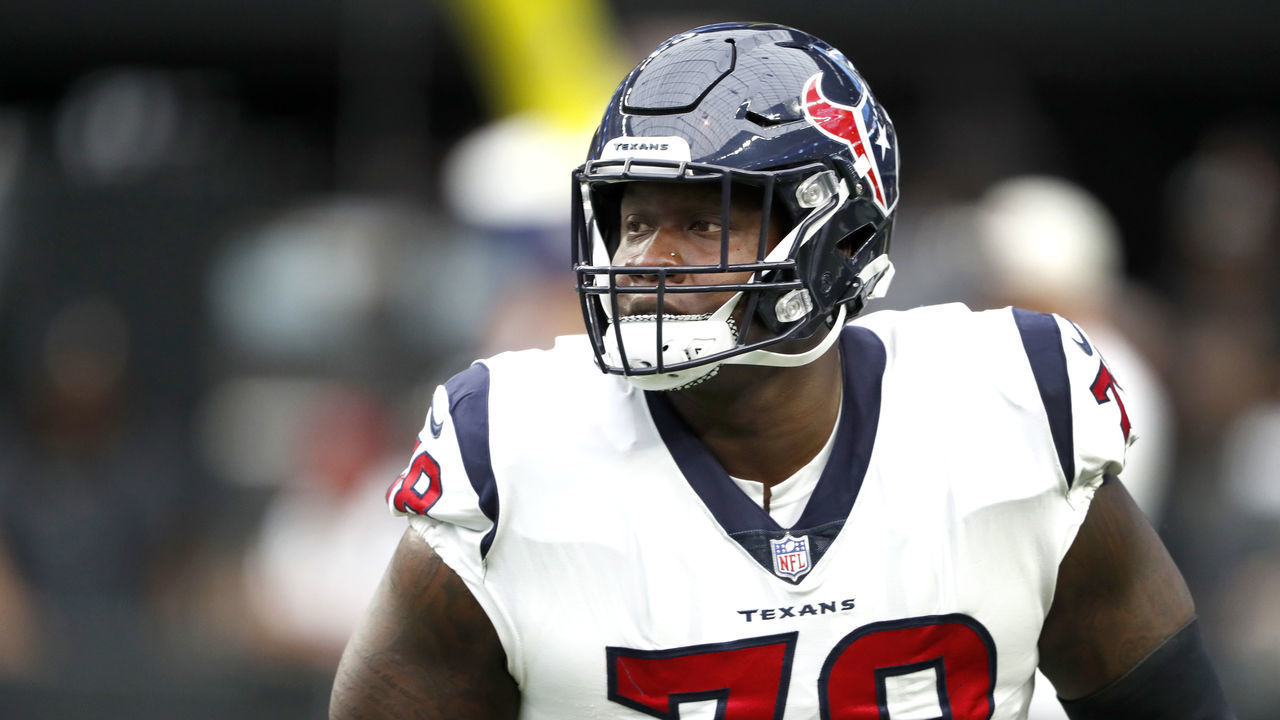 LAS VEGAS, NEVADA - OCTOBER 23: Offensive tackle Laremy Tunsil #78 of the Houston Texans warms up before a game against the Las Vegas Raiders at Allegiant Stadium on October 23, 2022 in Las Vegas, Nevada.