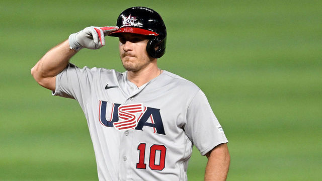 MIAMI, FLORIDA - MARCH 18: J.T. Realmuto #10 of Team USA reacts after hitting a double in the top of the 2nd inning during the 2023 World Baseball Classic Quarterfinal game between Team USA and Team Venezuela at loanDepot park on March 18, 2023 in Miami, Florida.
