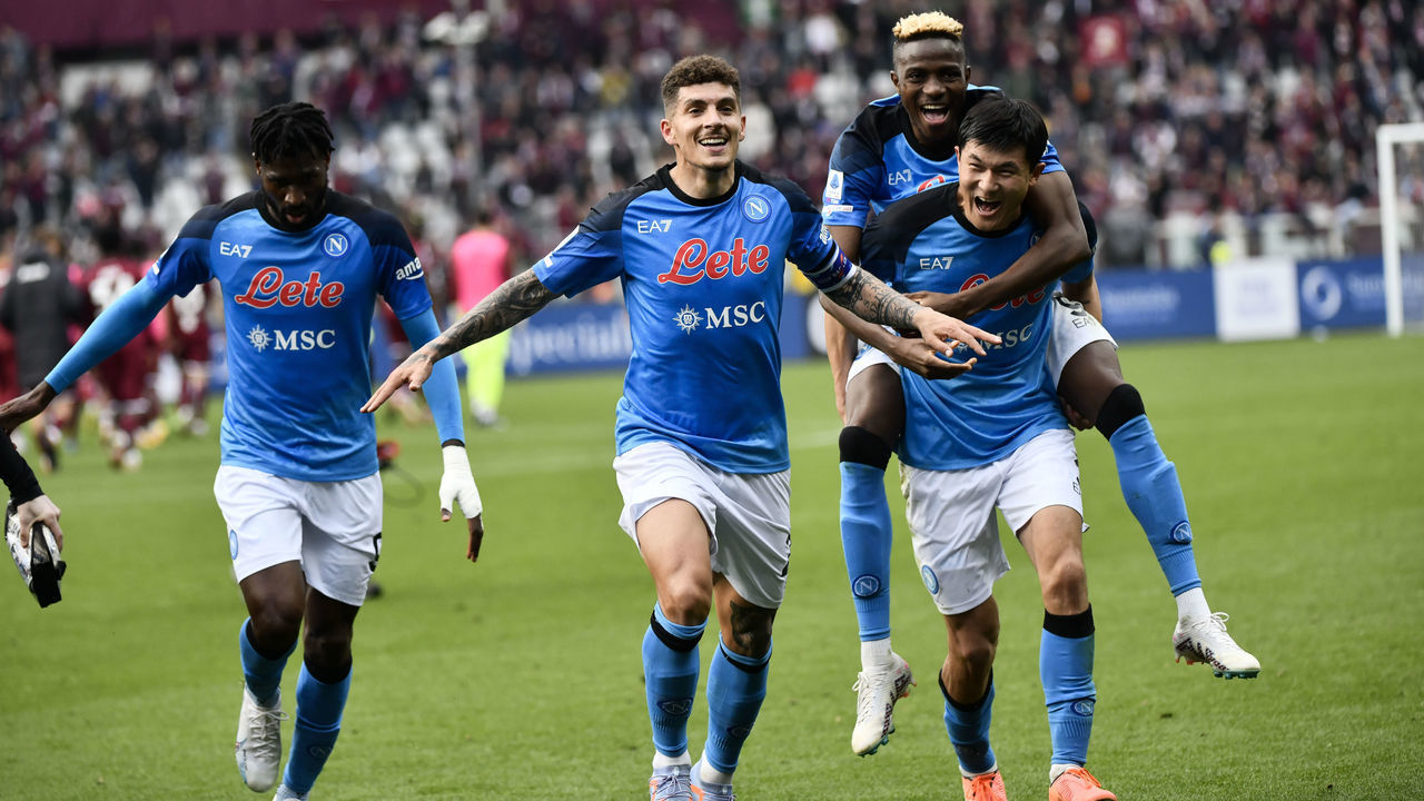 TURIN, ITALY - MARCH 19: (L-R) Giovanni Di Lorenzo of SSC Napoli, Juan Jesus of SSC Napoli and Victor Osimhen of SSC Napoli celebrate a victory after the match during the Serie A match between Torino FC and SSC Napoli at Stadio Olimpico di Torino on March 19, 2023 in Turin, Italy.