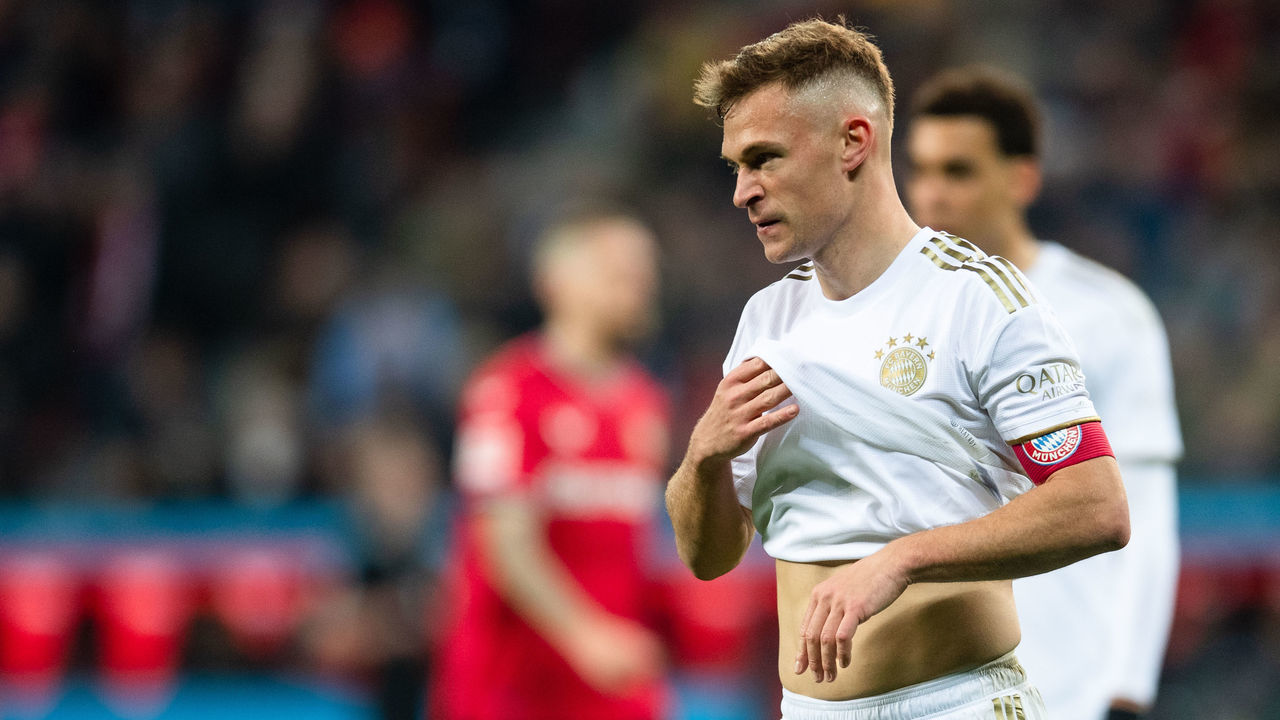 19 March 2023, North Rhine-Westphalia, Leverkusen: Soccer: Bundesliga, Bayer Leverkusen - Bayern Munich, Matchday 25, BayArena. Bayern's Joshua Kimmich reacts during the match. Photo: Marius Becker/dpa - IMPORTANT NOTE: In accordance with the requirements of the DFL Deutsche Fußball Liga and the DFB Deutscher Fußball-Bund, it is prohibited to use or have used photographs taken in the stadium and/or of the match in the form of sequence pictures and/or video-like photo series.