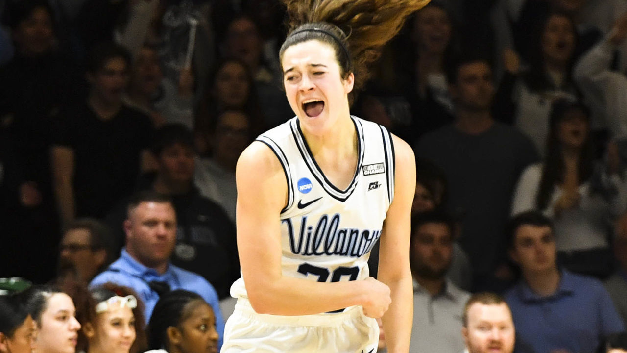 VILLANOVA, PA - MARCH 18: Maddy Siegrist #20 of the Villanova Wildcats reacts to her three-point shot during the first round of the 2023 NCAA Women's Basketball Tournament held at Finneran Pavilion on March 18, 2023 in Villanova, Pennsylvania.