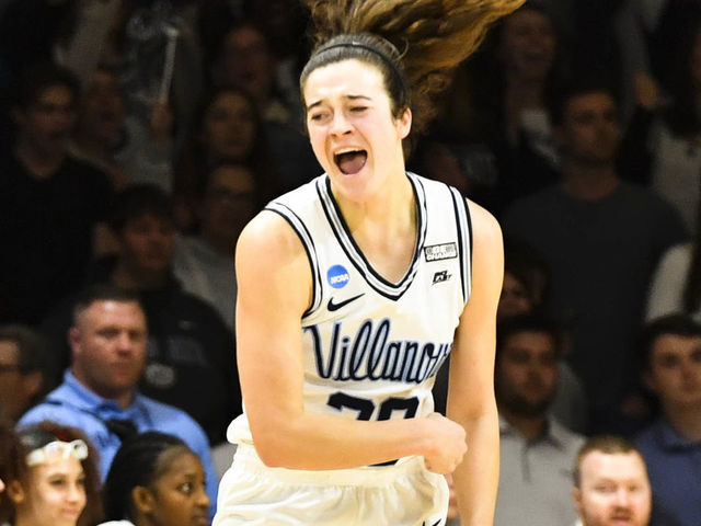 VILLANOVA, PA - MARCH 18: Maddy Siegrist #20 of the Villanova Wildcats reacts to her three-point shot during the first round of the 2023 NCAA Women's Basketball Tournament held at Finneran Pavilion on March 18, 2023 in Villanova, Pennsylvania.