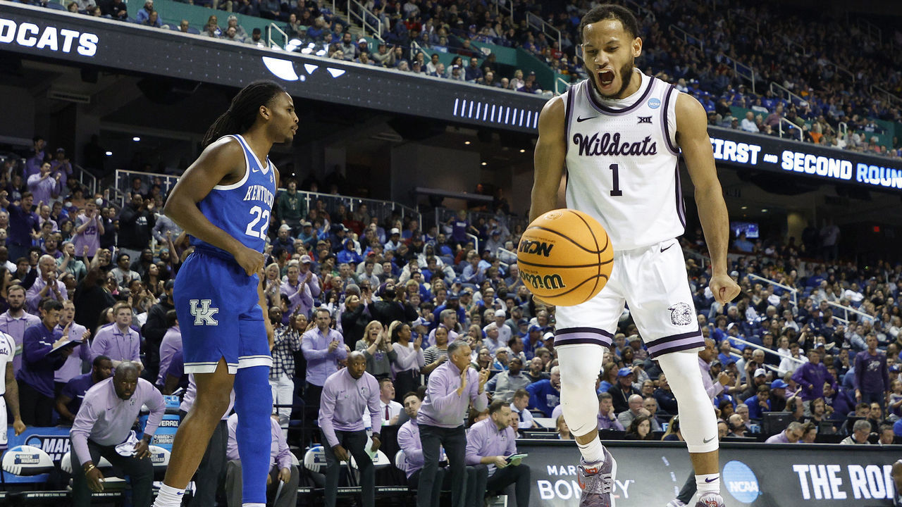 GREENSBORO, NORTH CAROLINA - MARCH 19: Markquis Nowell #1 of the Kansas State Wildcats reacts during the second half against the Kentucky Wildcats in the second round of the NCAA Men's Basketball Tournament at The Fieldhouse at Greensboro Coliseum on March 19, 2023 in Greensboro, North Carolina.