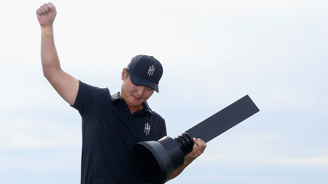 TUCSON, ARIZONA - MARCH 19: Overall individual winner, Danny Lee of Iron Heads GC celebrates with the trophy during Day Three of the LIV Golf Invitational - Tucson at The Gallery Golf Club on March 19, 2023 in Tucson, Arizona.