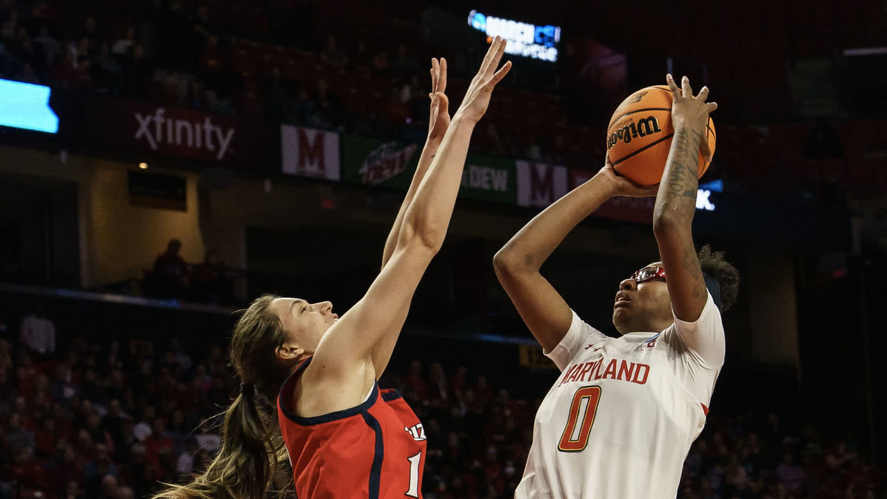 COLLEGE PARK, MD - MARCH 19: Maryland Terrapins guard Shyanne Sellers (0) lobs in a shot during the Arizona Wildcats game versus the Maryland Terrapins game in the second four of the NCAA Women's Basketball Championship Greenville Regional 1 on March 19, 2023 at Xfinity Center in College Park, MD.