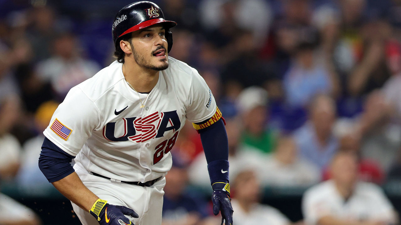 MIAMI, FLORIDA - MARCH 19: Nolan Arenado #28 of Team USA hits a triple in the fourth inning against Team Cuba during the World Baseball Classic Semifinals at loanDepot park on March 19, 2023 in Miami, Florida.