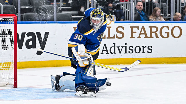 ST. LOUIS, MO - MARCH 19: St. Louis Blues goaltender Joel Hofer (30) makes a kick save during a game between the Winnipeg Jets and the St. Louis Blues on March 19 2023, at the Enterprise Center in St. Louis MO