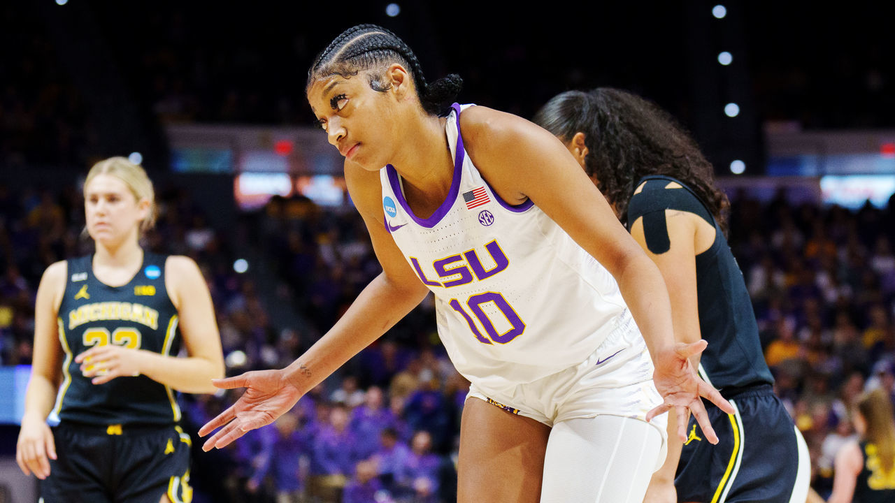 BATON ROUGE, LA - MARCH 19: Angel Reese #10 of the LSU Lady Tigers reacts to a play against the Michigan Wolverines during the third quarter in the second round of the 2023 NCAA Women's Basketball Tournament held at the Pete Maravich Assembly Center on March 19, 2023 in Baton Rouge, Louisiana.