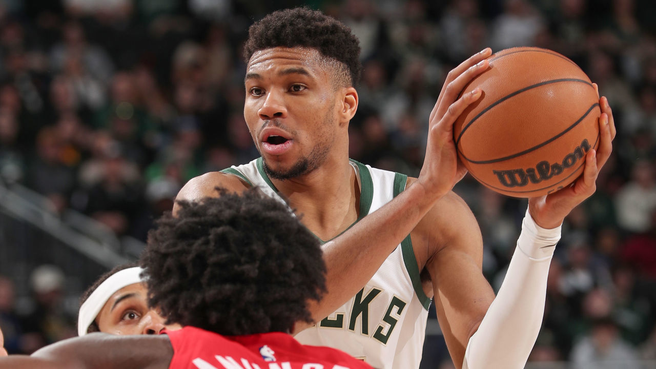 MILWAUKEE, WI - MARCH 19: Giannis Antetokounmpo #34 of the Milwaukee Bucks handles the ball during the game on March 19, 2023 at the Fiserv Forum Center in Milwaukee, Wisconsin. Mandatory Copyright Notice: Copyright 2023 NBAE .