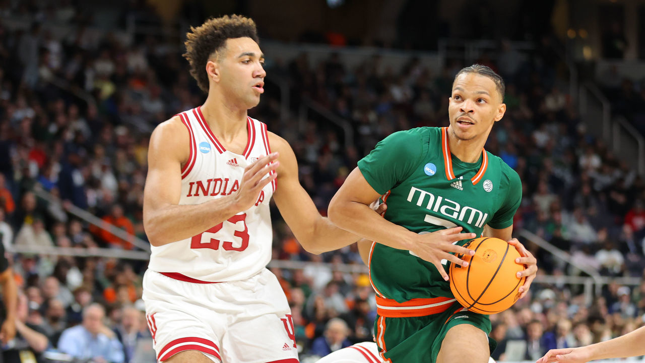ALBANY, NY - MARCH 19: Isaiah Wong #2 of the Miami Hurricanes drives to the basket against Trayce Jackson-Davis #23 of the Indiana Hoosiers during the first half during the second round of the 2023 NCAA Men's Basketball Tournament held at MVP Arena on March 19, 2023 in Albany, New York.