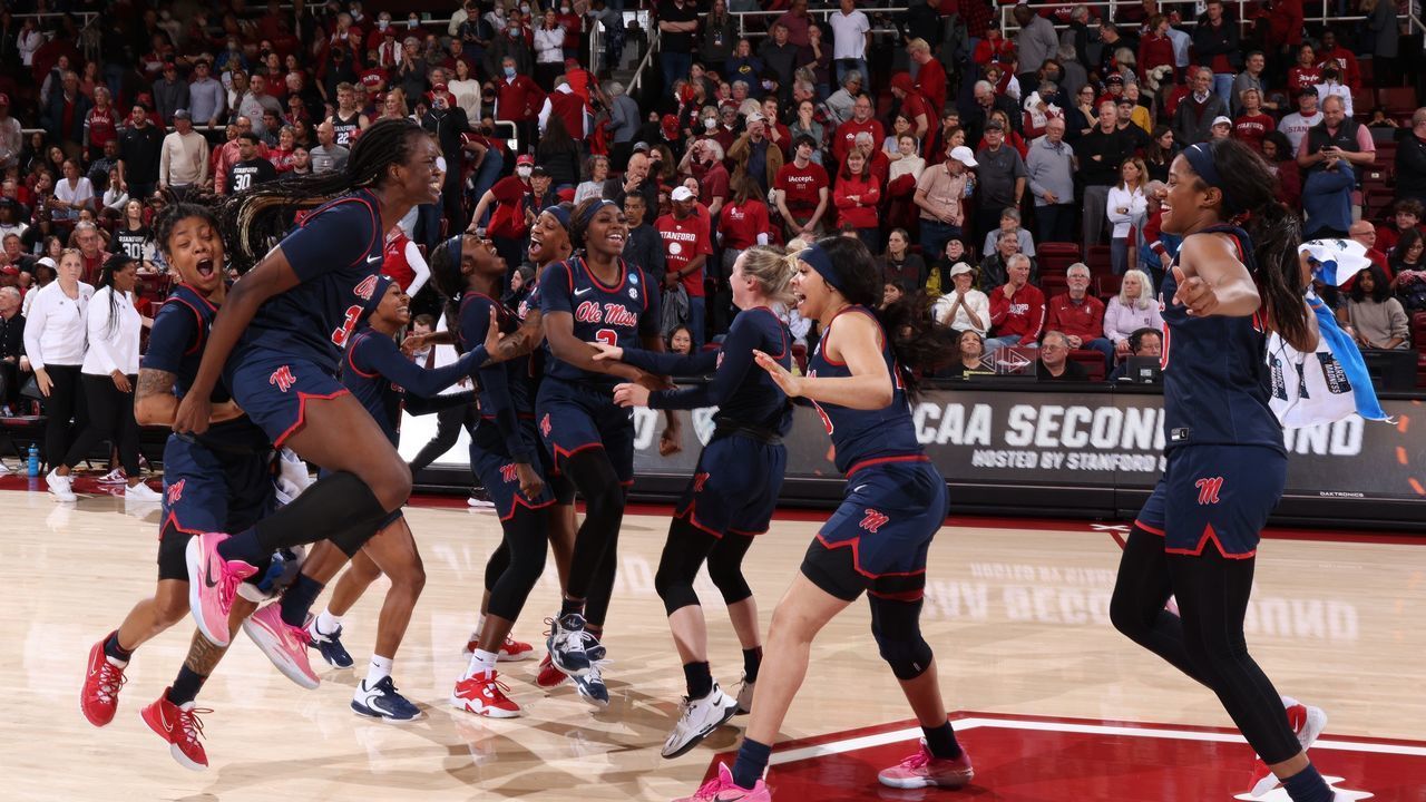 PALO ALTO, CA - MARCH 19: The Ole Miss Rebels celebrate a win against the Stanford Cardinal during the second round of the 2023 NCAA Women's Basketball Tournament held at the Stanford Maples Pavilion on March 19, 2023 in Palo Alto, California.