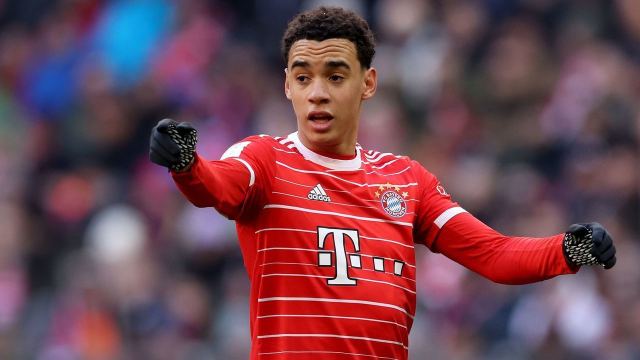 MUNICH, GERMANY - MARCH 11: Jamal Musiala of FC Bayern München reacts during the Bundesliga match between FC Bayern München and FC Augsburg at Allianz Arena on March 11, 2023 in Munich, Germany.