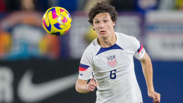 CARSON, CA - JANUARY 28: Paxten Aaronson #6 of the USA chases down a ball during a game between Colombia and USMNT at Dignity Health Sports Park on January 28, 2023 in Carson, California.