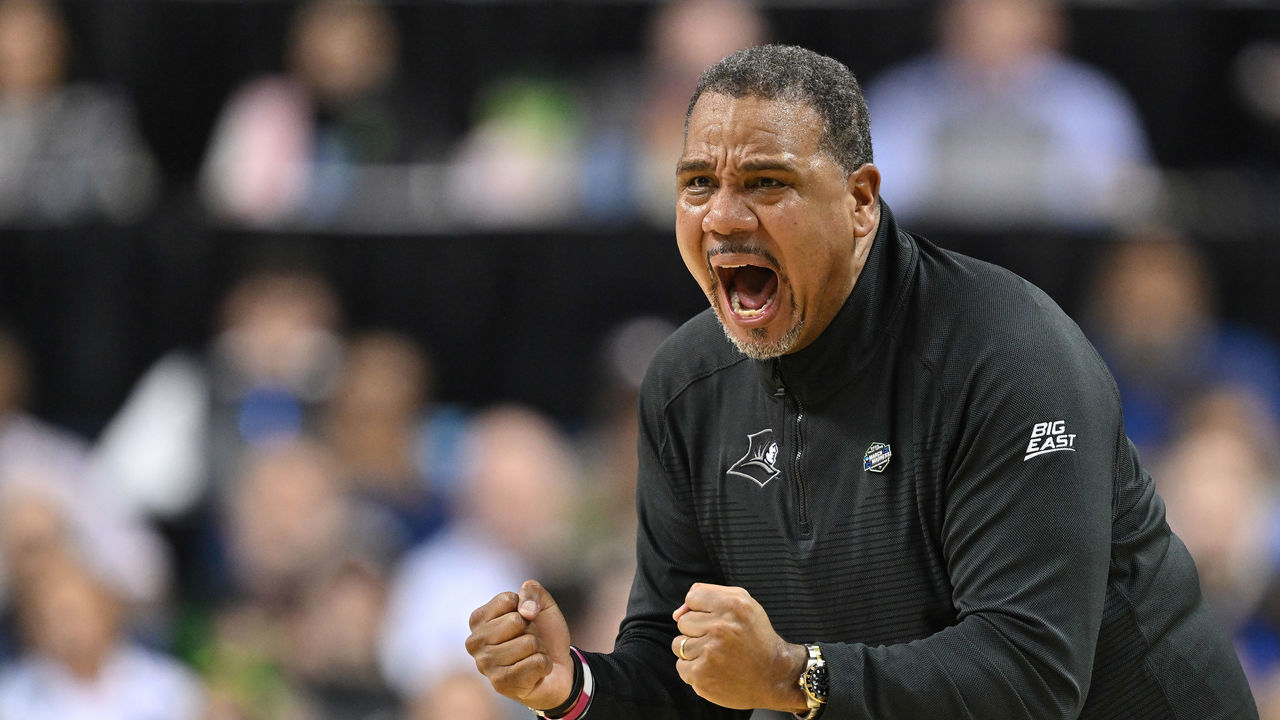 GREENSBORO, NC - MARCH 17: Head coach Ed Cooley of the Providence Friars cheers for his team against the Kentucky Wildcats during the first round of the 2023 NCAA Men's Basketball Tournament held at Greensboro Coliseum on March 17, 2023 in Greensboro, North Carolina.