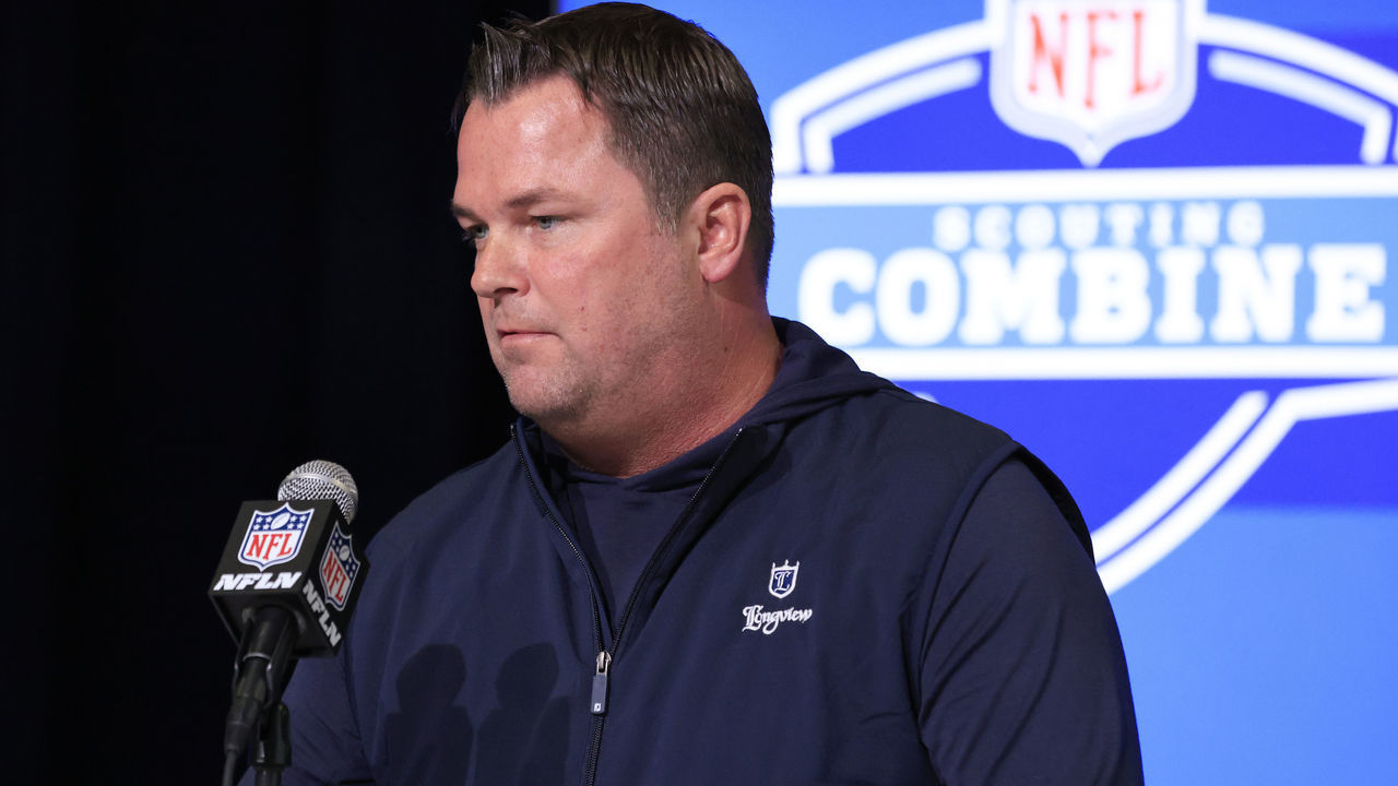 INDIANAPOLIS, INDIANA - MARCH 01: General manager Scott Fitterer of the Carolina Panthers speaks to the media during the NFL Combine at Lucas Oil Stadium on March 01, 2023 in Indianapolis, Indiana.