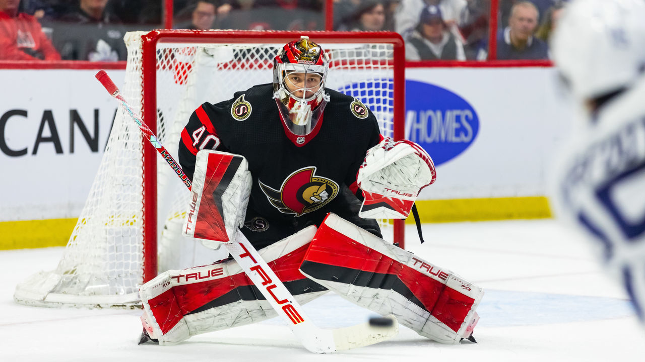 OTTAWA, ON - MARCH 18: Ottawa Senators Goalie Mads Sogaard (40) prepares to make a save during third period National Hockey League action between the Toronto Maple Leafs and Ottawa Senators on March 18, 2023, at Canadian Tire Centre in Ottawa, ON, Canada.