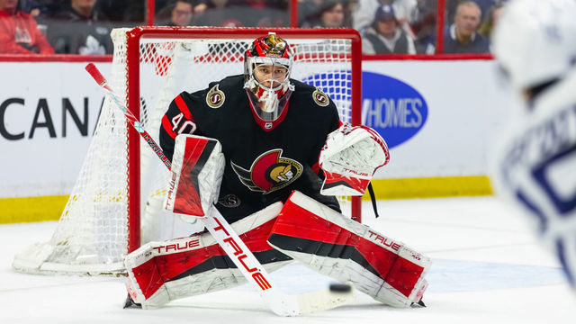 OTTAWA, ON - MARCH 18: Ottawa Senators Goalie Mads Sogaard (40) prepares to make a save during third period National Hockey League action between the Toronto Maple Leafs and Ottawa Senators on March 18, 2023, at Canadian Tire Centre in Ottawa, ON, Canada.