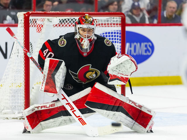 OTTAWA, ON - MARCH 18: Ottawa Senators Goalie Mads Sogaard (40) prepares to make a save during third period National Hockey League action between the Toronto Maple Leafs and Ottawa Senators on March 18, 2023, at Canadian Tire Centre in Ottawa, ON, Canada.