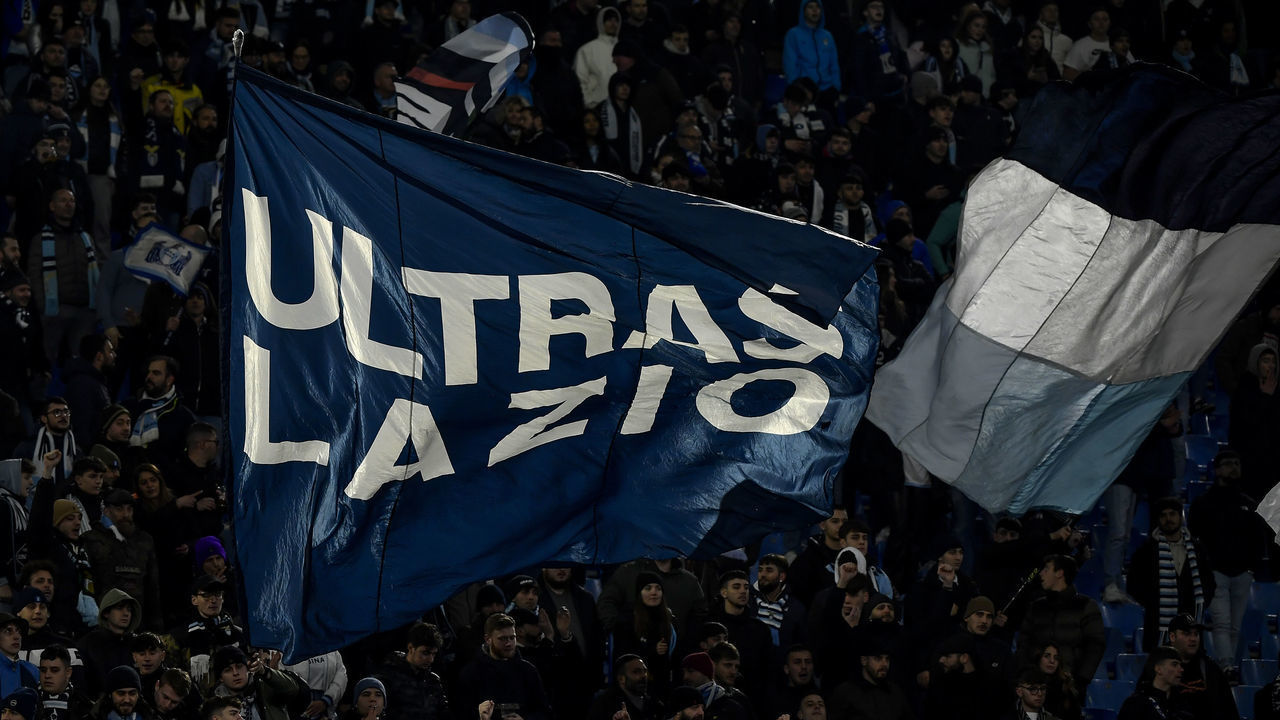 OLIMPICO STADIUM, ROMA, ITALY - 2023/01/19: Lazio fans wave a flag with Ultras Lazio written on it during the Italy Cup football match between SS Lazio and Bologna FC. Lazio won 1-0 over Bologna.
