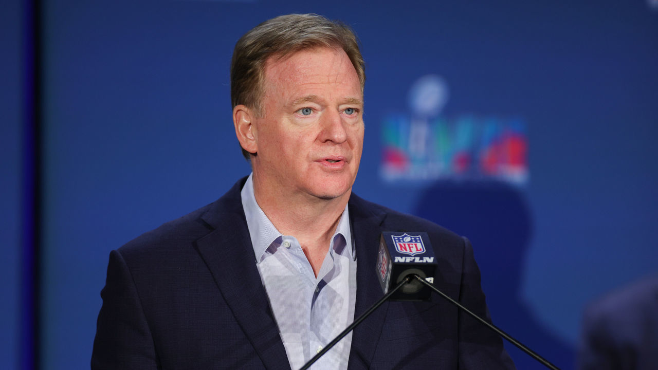 PHOENIX, ARIZONA - FEBRUARY 13: NFL Commissioner Roger Goodell speaks during the Super Bowl LVII Host Committee Handoff Press Conference at Phoenix Convention Center on February 13, 2023 in Phoenix, Arizona.