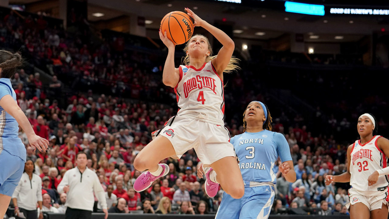 COLUMBUS, OH - MARCH 20: Jacy Sheldon #4 of the Ohio State Buckeyes attempts a lay up during the game between between the Ohio State Buckeyes and the North Carolina Tar Heels in Second Round of the NCAA Women's Basketball Championship Seattle Regional 3 on March 20, 2023 at Value City Arena in Columbus, Ohio.