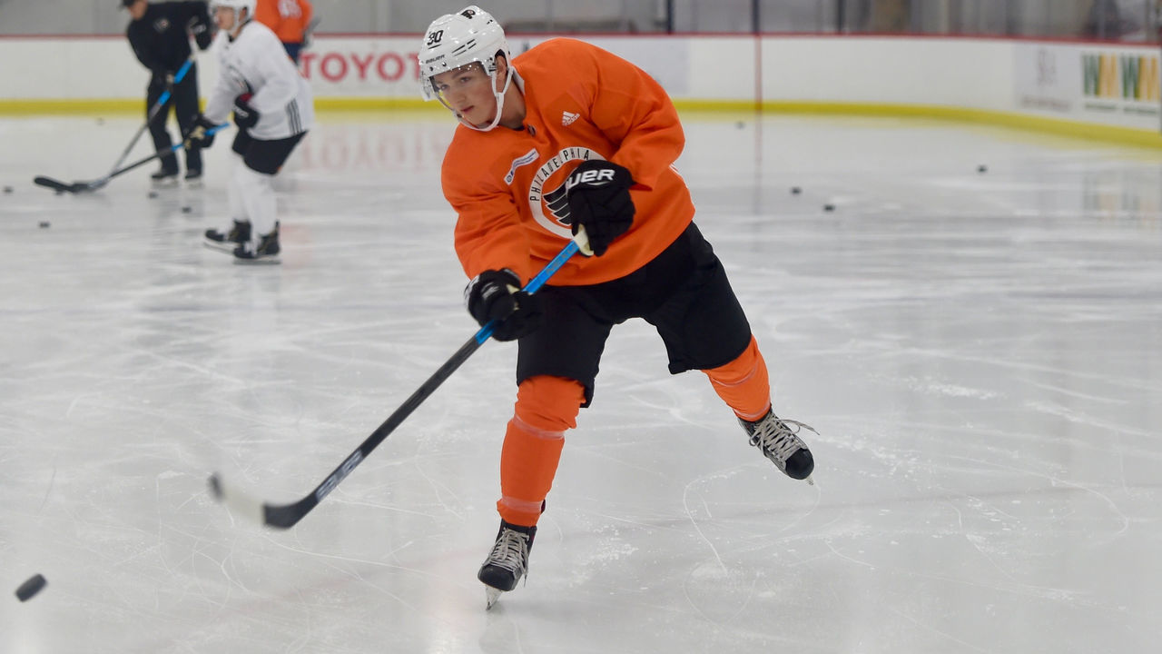 VOORHEES, NJ - JUNE 26: Carson Briere (90) in action at the Flyers Development Camp on June 28, 2019 at the Virtua Center Flyers Skate Zone.