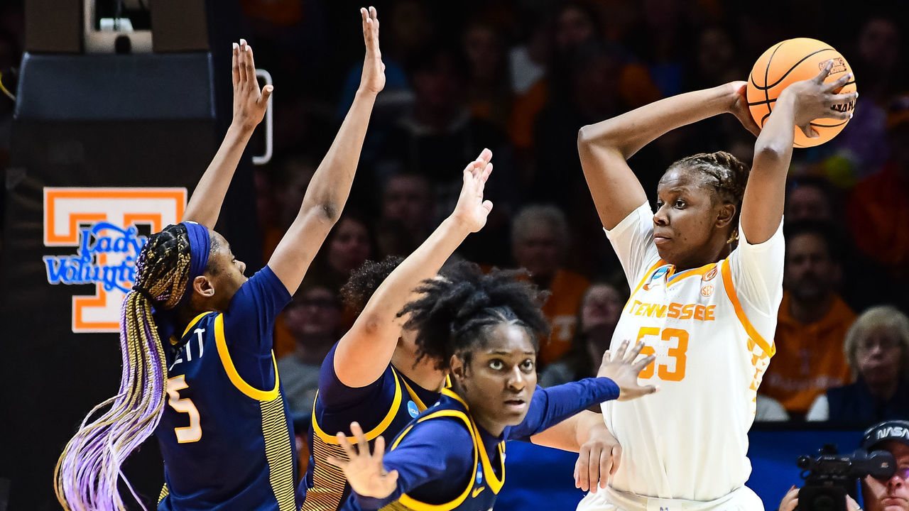 KNOXVILLE, TN - MARCH 20: Jillian Hollingshead #53 of the Tennessee Lady Vols controls the ball against Quinesha Lockett #5 of the Toledo Rockets during the second round of the 2023 NCAA Women's Basketball Tournament held at Thompson-Boling Arena on March 20, 2023 in Knoxville, Tennessee.