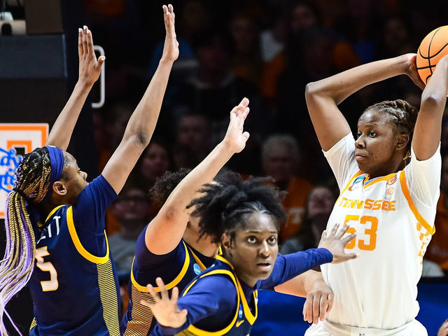 KNOXVILLE, TN - MARCH 20: Jillian Hollingshead #53 of the Tennessee Lady Vols controls the ball against Quinesha Lockett #5 of the Toledo Rockets during the second round of the 2023 NCAA Women's Basketball Tournament held at Thompson-Boling Arena on March 20, 2023 in Knoxville, Tennessee.