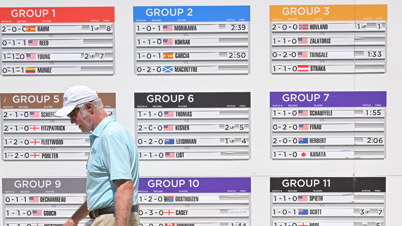 AUSTIN, TX - MARCH 25: A volunteer updates the bracket board during Round 3 of the World Golf Championships-Dell Technologies Match Play at Austin Country Club on March 25, 2022 in Austin, Texas.