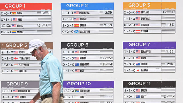 AUSTIN, TX - MARCH 25: A volunteer updates the bracket board during Round 3 of the World Golf Championships-Dell Technologies Match Play at Austin Country Club on March 25, 2022 in Austin, Texas.