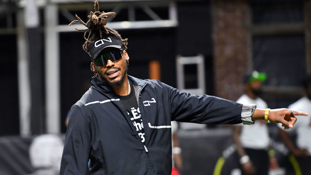 ATLANTA, GEORGIA - APRIL 30: Cam Newton attends 2022 Huncho Day Celebrity Football Game during Fan Controlled Football Season v2.0 - Week Three at Pullman Yards on April 30, 2022 in Atlanta, Georgia.