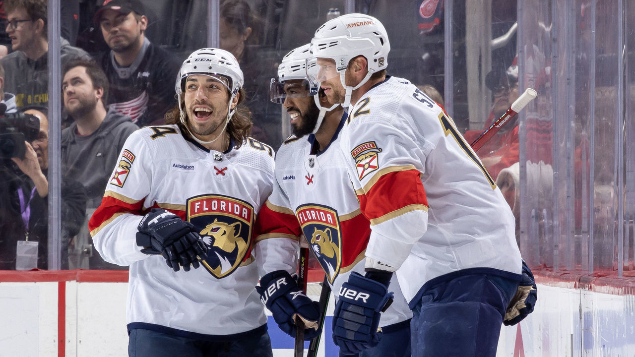 DETROIT, MI - MARCH 20: Eric Staal #12 of the Florida Panthers celebrates his goal against the Detroit Red Wings with teammates Ryan Lomberg #94 and Anthony Duclair #10 during the third period of an NHL game at Little Caesars Arena on March 20, 2023 in Detroit, Michigan. Florida defeated Detroit 5-2.