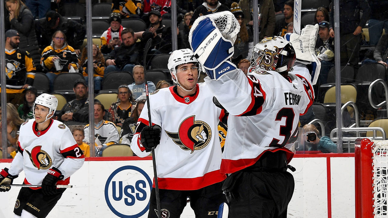 PITTSBURGH, PA - MARCH 20: Dylan Ferguson #34 of the Ottawa Senators celebrates after defeating the Pittsburgh Penguins 2-1 at PPG PAINTS Arena on March 20, 2023 in Pittsburgh, Pennsylvania.