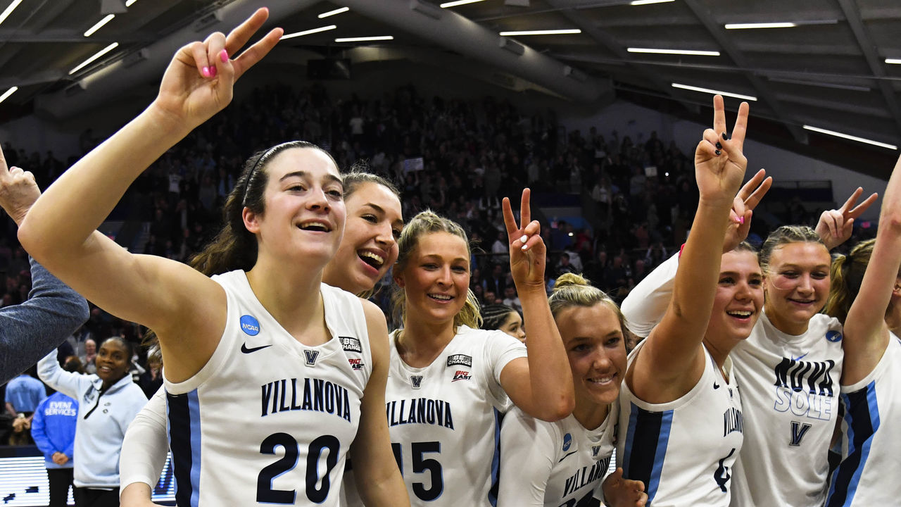 VILLANOVA, PA - MARCH 20: Maddy Siegrist #20 of the Villanova Wildcats celebrates the win with her teammates during the second round of the 2023 NCAA Women's Basketball Tournament held at Finneran Pavilion on March 20, 2023 in Villanova, Pennsylvania.