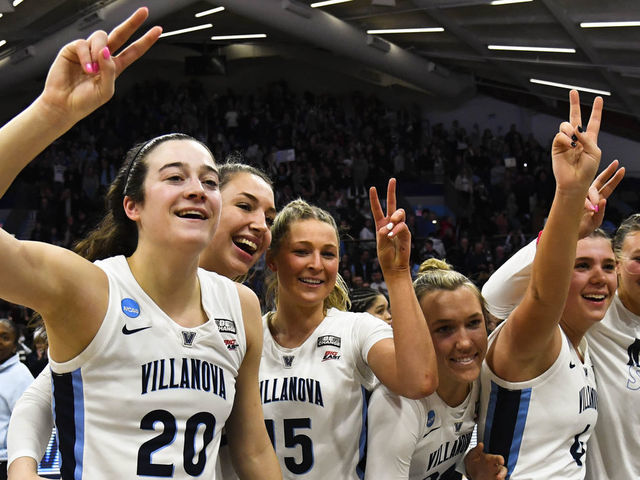 VILLANOVA, PA - MARCH 20: Maddy Siegrist #20 of the Villanova Wildcats celebrates the win with her teammates during the second round of the 2023 NCAA Women's Basketball Tournament held at Finneran Pavilion on March 20, 2023 in Villanova, Pennsylvania.