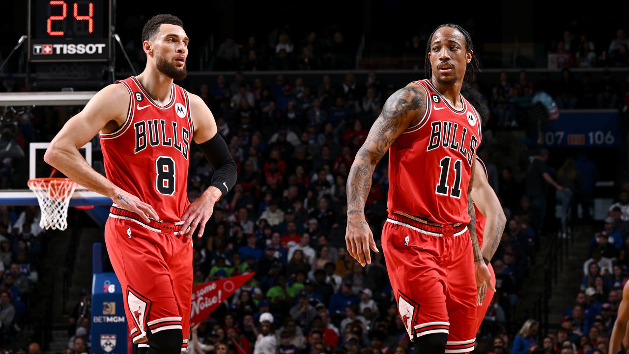 PHILADELPHIA, PA - MARCH 20: Zach LaVine #8 and DeMar DeRozan #11 of the Chicago Bulls look on during the game against the Philadelphia 76ers on March 20, 2023 at the Wells Fargo Center in Philadelphia, Pennsylvania NOTE TO USER: User expressly acknowledges and agrees that, by downloading and/or using this Photograph, user is consenting to the terms and conditions of the Getty Images License Agreement. Mandatory Copyright Notice: Copyright 2023 NBAE